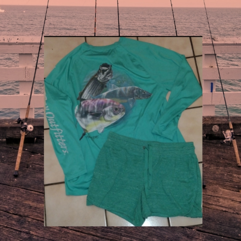 Bimini Bay Fishing Shirt & Athletic Works Shorts Women's Size Large